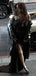 Elegant One Shoulder Mermaid Side Slit Black Satin Long Bridesmaid Dresses Online, OT508
