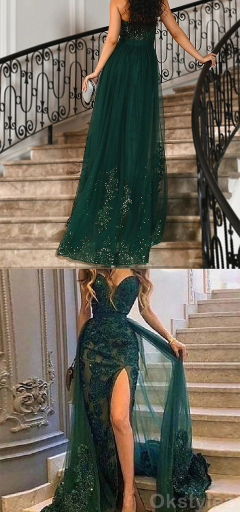 Elegant Sweetheart Mermaid Tulle Emerald Long Evening Prom Dresses with Side Slit, OT161