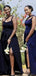 Elegant One Shoulder A-line Side Slit Dark Navy Bridesmaid Dresses Online, OT500