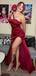 Elegant One Shoulder Mermaid Side Slit Burgundy Satin Long Bridesmaid Dresses Online, OT509