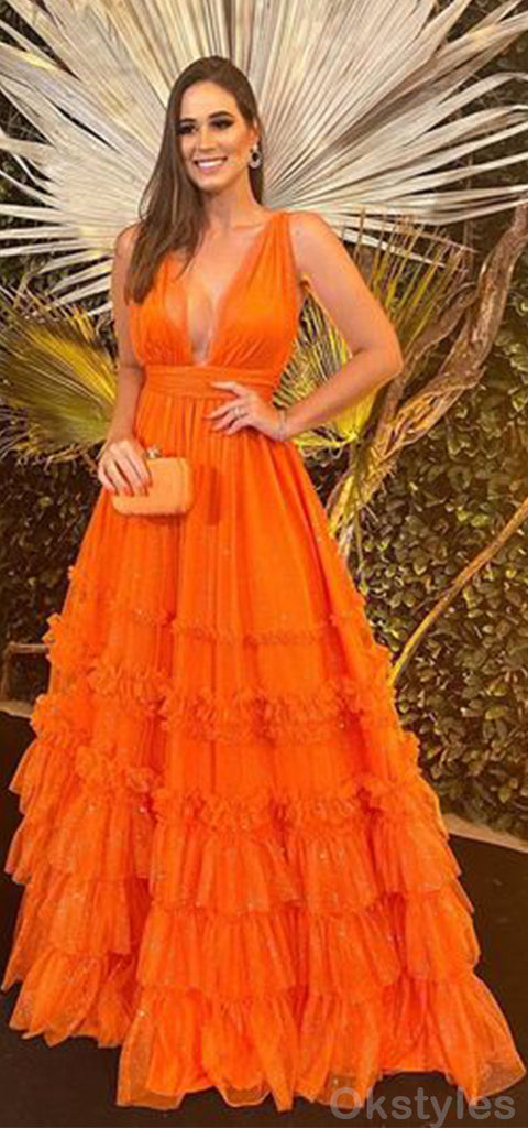 Elegant Orange Deep V-neck A-line Tulle Long Prom Dresses Online, OT189