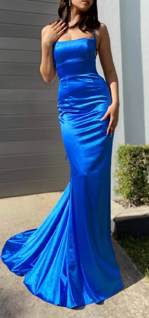 Elegant Spaghetti Straps Mermaid Satin Royal Blue Long Bridesmaid Dresses Online, OT674