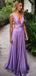 Sexy Deep V-neck A-line Sleeveless  Lilac Satin Long Prom Dresses Online, OT223