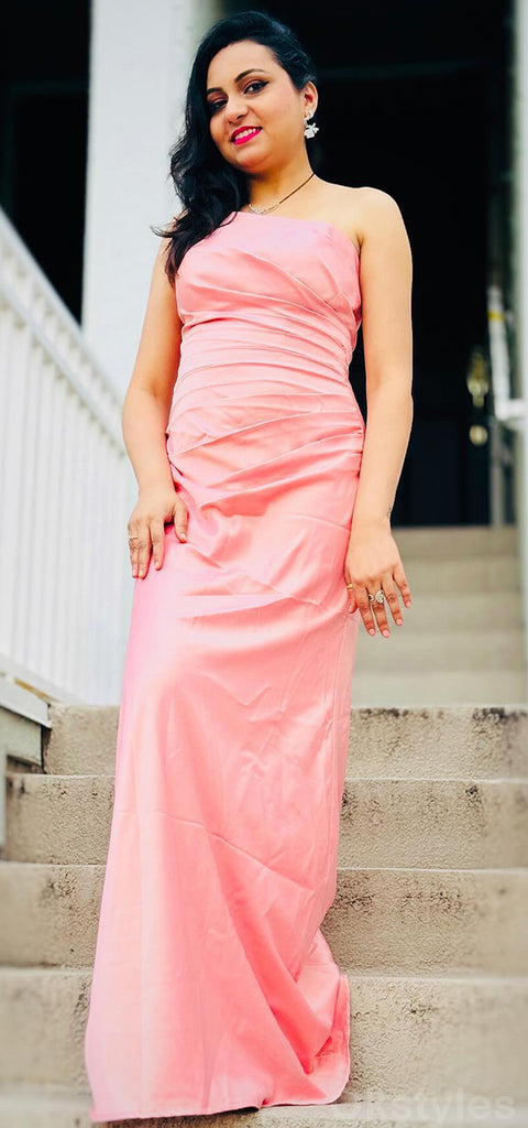 Elegant Satin One Shoulder Blushing Pink Floor Length Bridesmaid Dresses, OT255