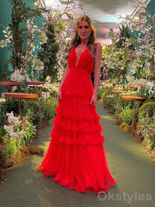 Elegant A-line Tulle Red V-neck Evening Prom Dresses Online, OT187