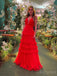 Elegant A-line Tulle Red V-neck Evening Prom Dresses Online, OT187
