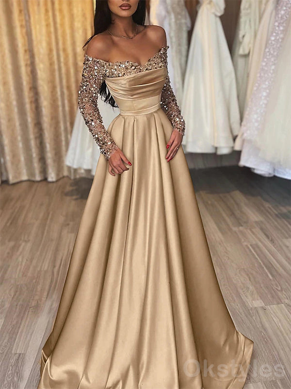 Gorgeous Long Sleeves A-line Off the Shoulder Champagne Long Prom Dresses Online, OT242