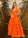 Elegant Orange Deep V-neck A-line Tulle Long Prom Dresses Online, OT189