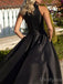 Gorgeous Halter A-line Sleeveless Black Satin Long Prom Dresses Online, OT244