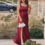 Elegant Mermaid Straps Burgundy Satin Side Slit Floor Length Bridesmaid Dresses, OT270