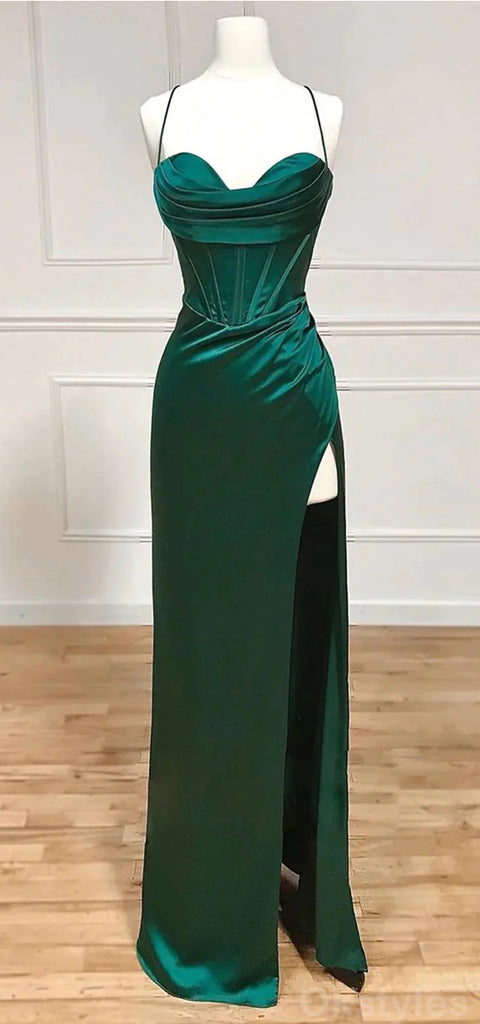 Elegant Spaghetti Straps Mermaid Side Slit Emerald Long Prom Dresses Online, OT210