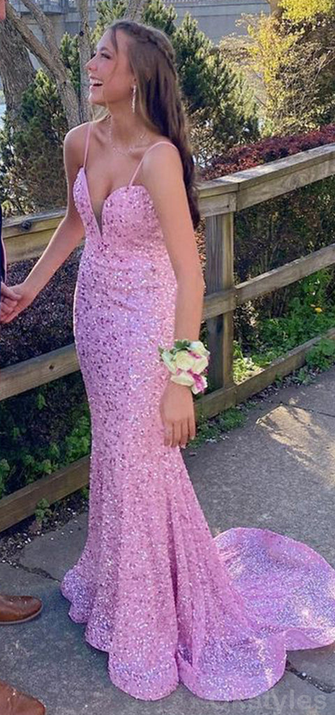 Sparkly Spaghetti Straps V-neck Pink Sequins Long Prom Dresses Online, OT211