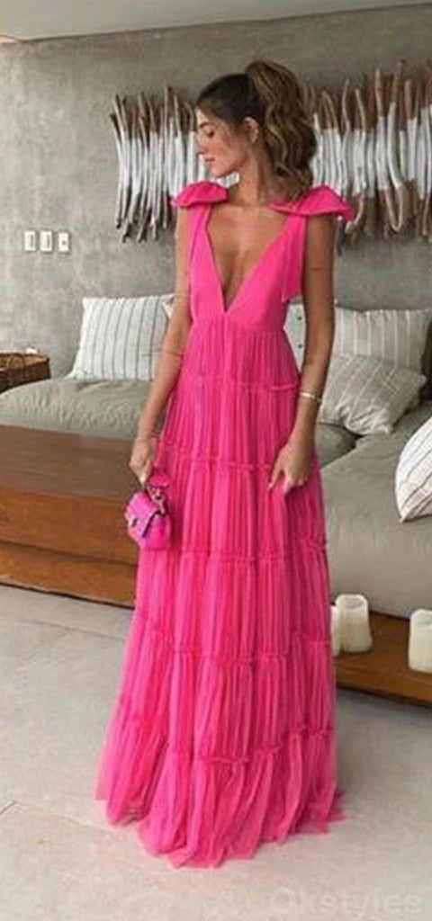 Elegant Deep V-neck Sleeveless A-line Tulle Azalea Prom Dresses Online, OT220
