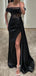 Elegant Mermaid Side Slit Off Shoulder Satin Black Long Bridesmaid Dresses with Trailing, OT621