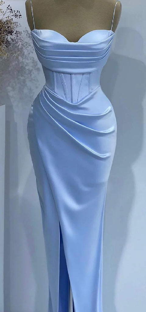Elegant Spaghetti Straps Side Slit Mermaid Satin Sky Blue Long Bridesmaid Dresses Online, OT659