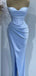 Elegant Spaghetti Straps Side Slit Mermaid Satin Sky Blue Long Bridesmaid Dresses Online, OT659