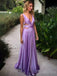 Sexy Deep V-neck A-line Sleeveless  Lilac Satin Long Prom Dresses Online, OT223