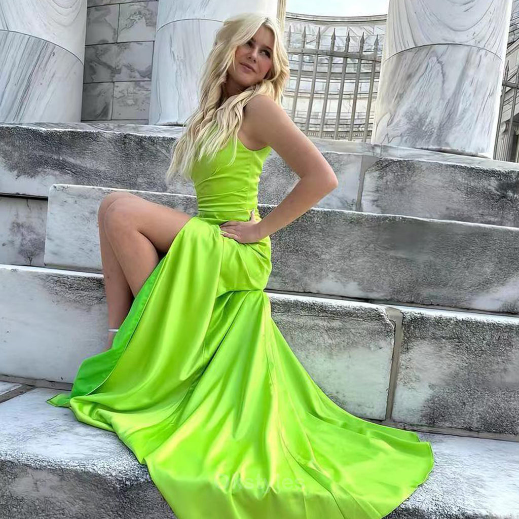 Simple Spaghetti Straps V-neck Side Slit Lime Green Long Bridesmaid Dresses Online, OT507
