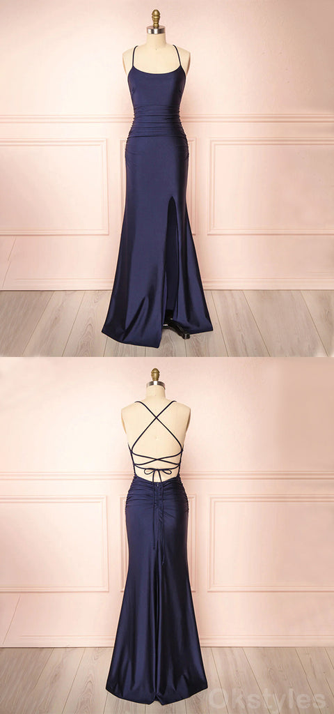 Simple Mermaid Sleeveless Spaghetti Straps Side Slit Royal Blue Prom Dresses Online, OT201