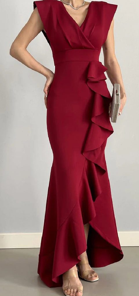 Elegant V-neck Mermaid Jersey Burgundy Long Bridesmaid Dresses Online, OT712