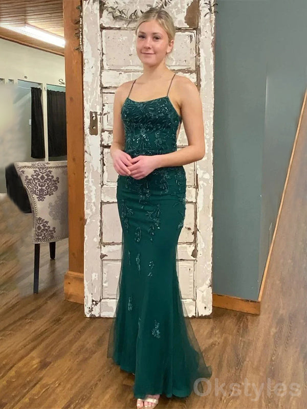 Elegant Spaghetti Straps Dark Green Mermaid Applique Long Prom Dresses Online, OT213