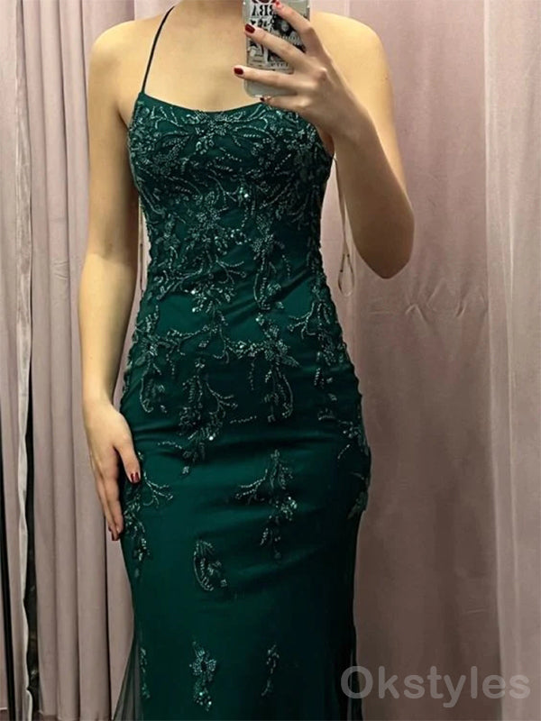 Elegant Spaghetti Straps Dark Green Mermaid Applique Long Prom Dresses Online, OT213