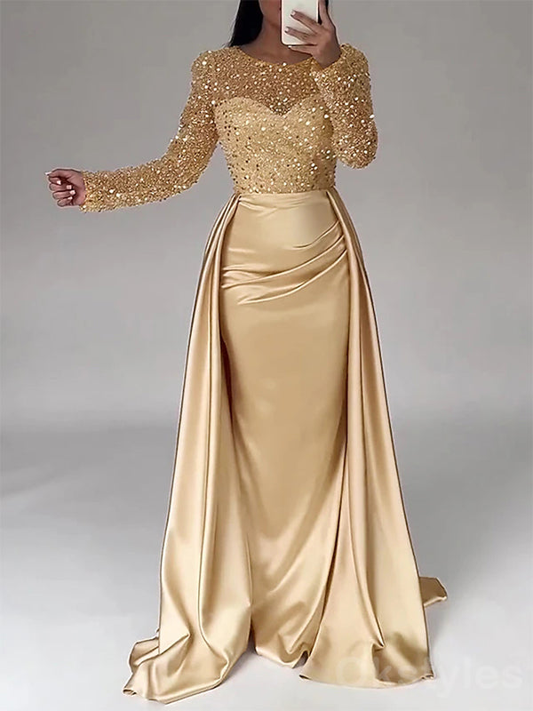 Mermaid Long Sleeves Illusion Sequins Satin Long Prom Dresses Online, OT202
