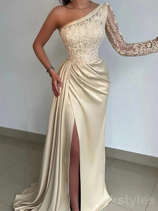 Elegant One Sleeve Mermaid Applique Prom Dresses Side Slit, OT204