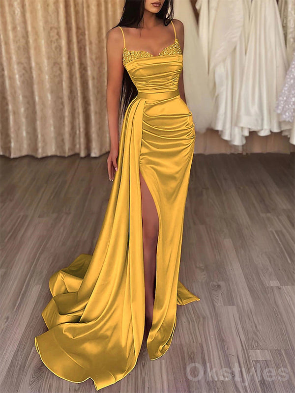 Elegant Spaghetti Straps Mermaid Side Slit Long Prom Dresses with Trailing, OT206