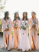 Satin V-Neck Long Sleeves Side-Slits Floor Length Bridesmaid Dresses, OT285