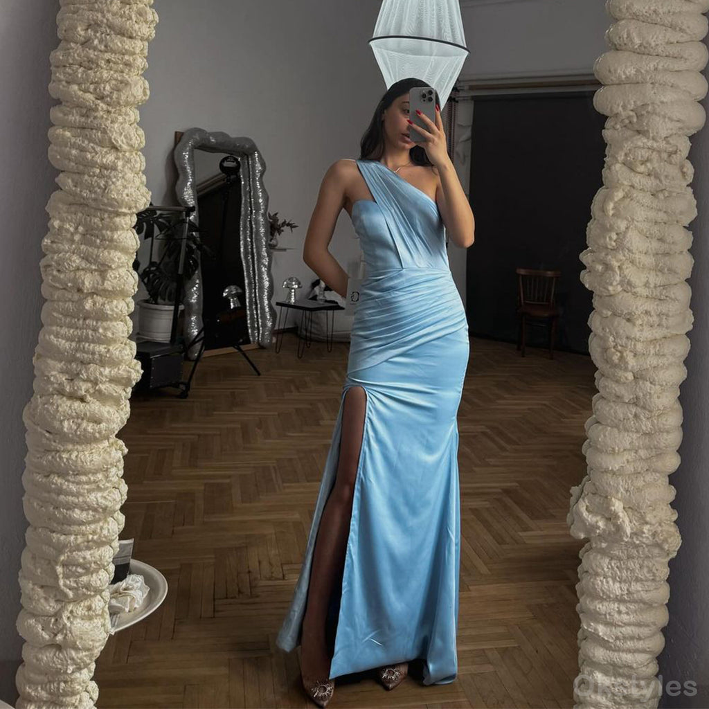 Elegant One Shoulder Mermaid Sky Blue Bridesmaid Dresses, BG074