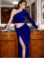 NEW Arrival One Long Sleeve Velvet Royal Blue Long Prom Dresses with Side Slit, OT007