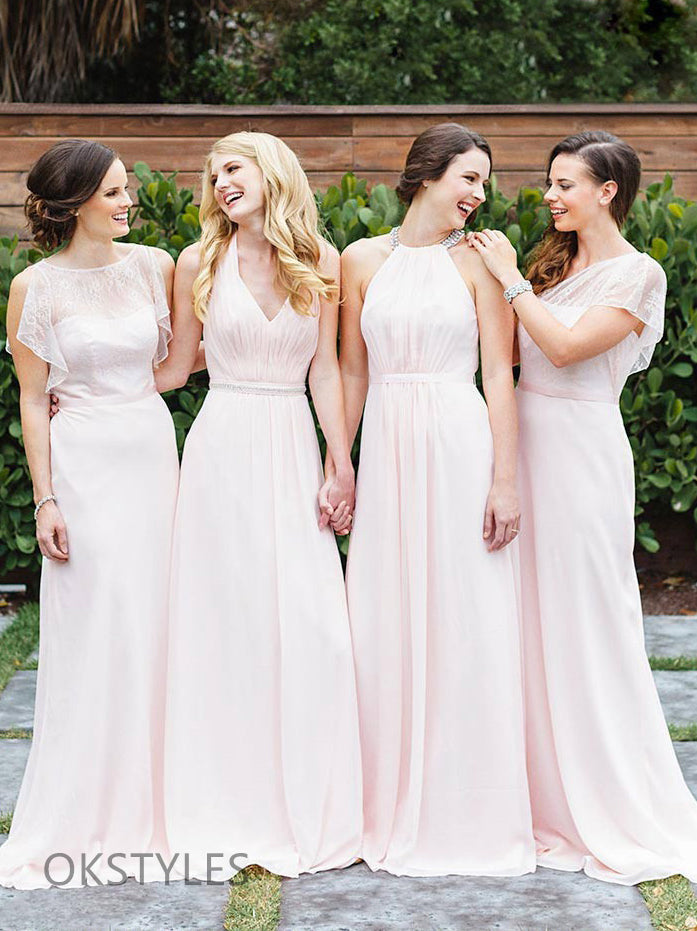 Chiffon A-line Pink Floor Length Bridesmaid Dresses, OT307