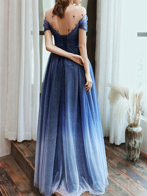 Gorgeous Short Sleeves Off the Shoulder A-line Long Evening Prom Dresses, OT160