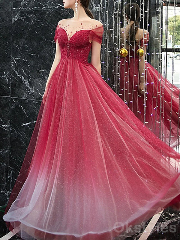 Gorgeous Short Sleeves Off the Shoulder A-line Long Evening Prom Dresses, OT160
