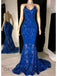 Royal Blue Lace Mermaid Spaghetti Straps Long Prom Dresses, OT171