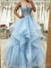 Elegant V-neck A-line Tulle Applique Sky Blue Evening Prom Dresses Online, OT163