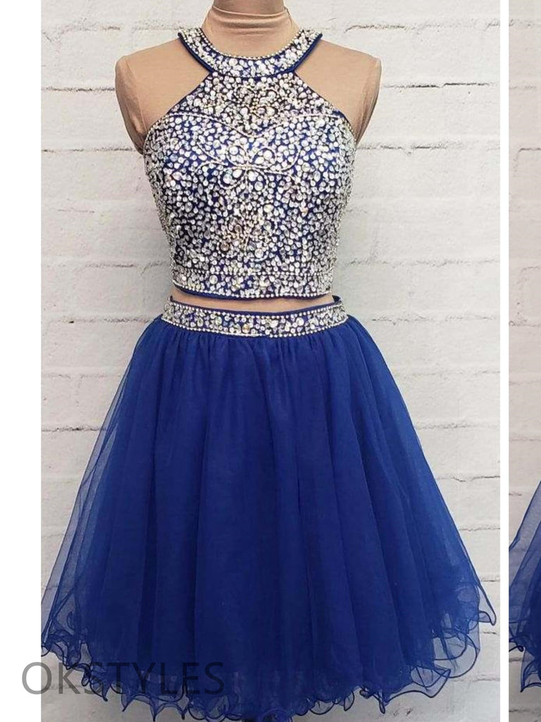 A-line Tulle Rhinestone Two-Pieces Short Homecoming Dresses, OT456
