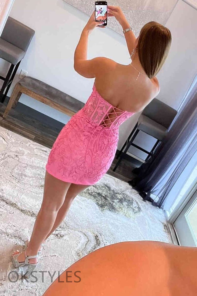 Pink Sheath Lace-Up Sweetheart Short Homecoming Dresses, OT442