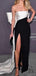 Elegant Straight Neck Column Side Slit White Black Long Prom Dresses with Bowknot, OT247