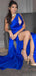 Elegant One Shoulder Side Slit Royal Blue Satin Long Bridesmaid Dresses Online, OT506