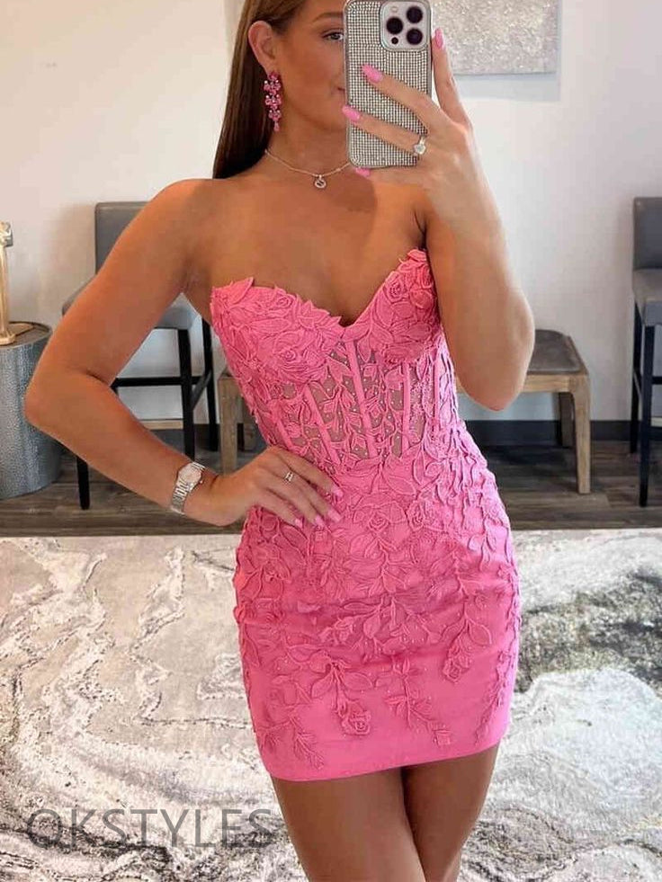 Pink Sheath Lace-Up Sweetheart Short Homecoming Dresses, OT442