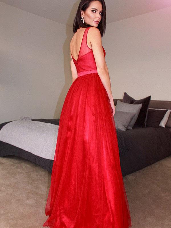 Red A-line V Neck Cheap Long Evening Prom Dresses, Sweet 16 Prom Dresses, OL086