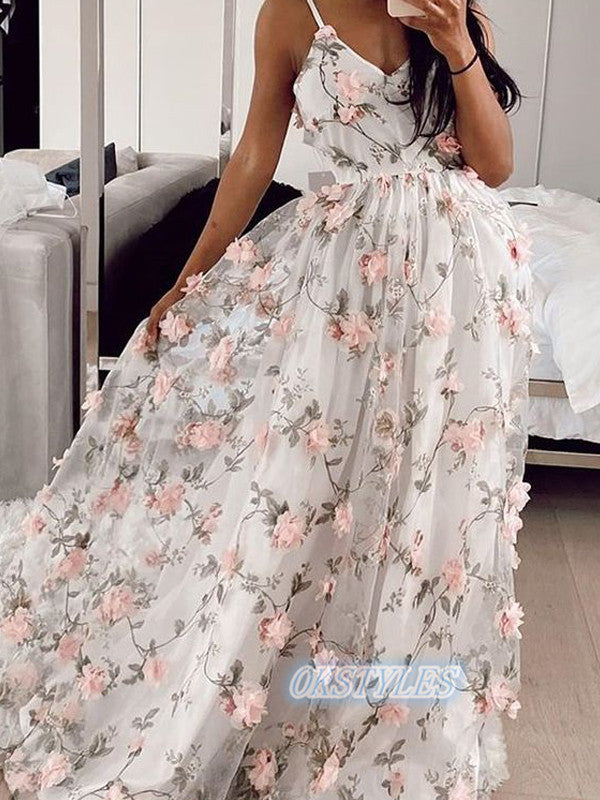 Beautiful A-line Applique Spaghetti Straps Sleeveless Long Prom Dresses, OL060