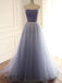 Simple A-line Strapless Blue Beaded Tulle Prom Dresses, OL222
