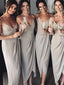 Sexy Gray Floor-Length V-neck Slit Bridesmaid Dresses, BG090