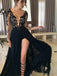 Sexy Black Deep V-neck Long Sleeves Lace Prom Dress, OL352