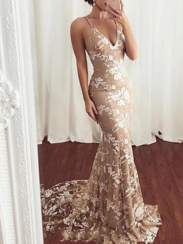 Mermaid V-neck Spaghetti Straps Lace Tulle Long Prom Dress, OL400