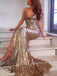 Sparkly Gold Mermaid V-neck Spaghetti Straps Prom Dress, OL405