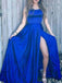 Blue Spaghetti Straps Long Satin Prom Dress with Side Split, OL411